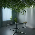 Indoor Space With Green Vines Ceiling Glass Round Table Plants And Curtains