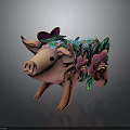 Decorative Pink Pig Figurine Adorned With Purple Flowers And Green Leaves