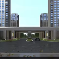 Modern Residential Entrance With High Rise Buildings Courtyard Parked Car And Pedestrians