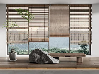 Natural Wooden Bamboo Blinds For Window With Indoor Plant Stone Bench And Mountain View 3d model