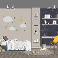 Children's Room With Cloud Star Wall Decor Gray Blue Walls Round Bookshelves Desk Yellow Chair