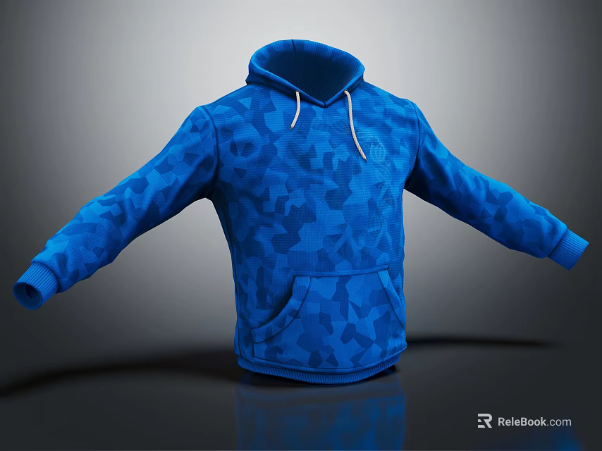 Modern Blue Camouflage Hoodie With Drawstrings And Front Pocket Design 3d model