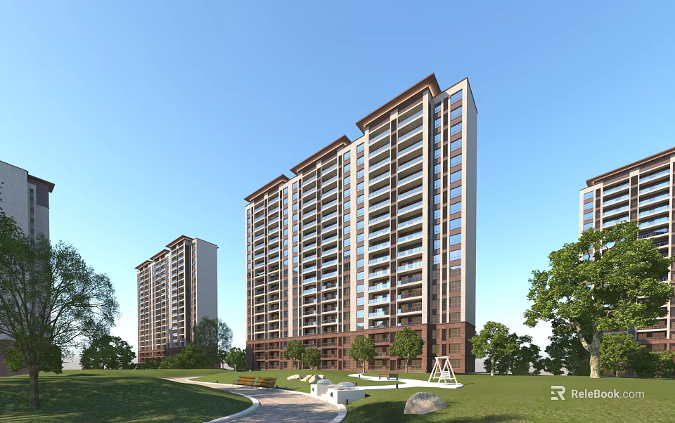 Modern High Rise Residential Building With Green Lawns Trees And Landscaping 3d model 