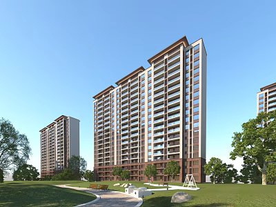 Modern High Rise Residential Building With Green Lawns Trees And Landscaping 3d model