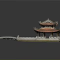 Traditional Chinese Architectural Model With Two Tiered Red Tiled Roof And Stone Bridge