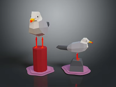 Low Poly Style Seagull Figurines Standing On Red Pillar And Gray Stone With Pink Bases 3d model