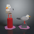 Low Poly Style Seagull Figurines Standing On Red Pillar And Gray Stone With Pink Bases
