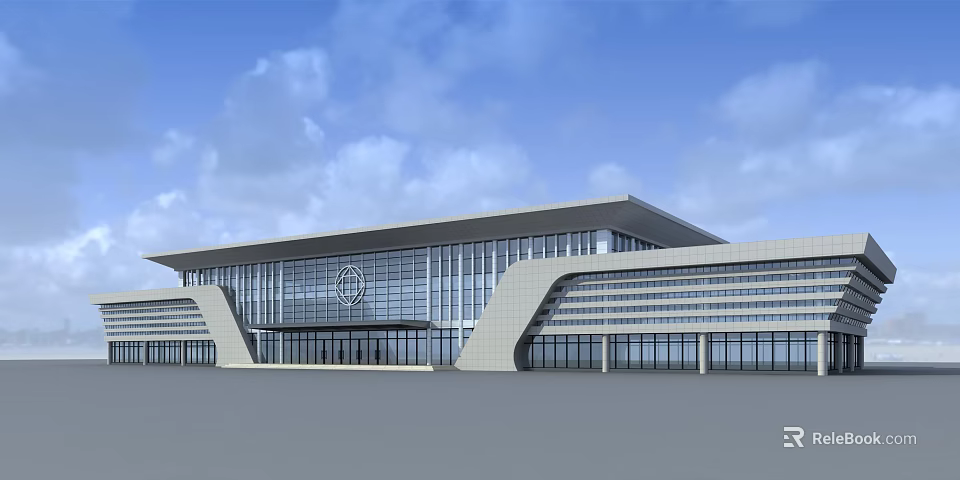 Modern Large Scale Public Building With Glass Curtain Walls Symmetrical Design And Open Plaza 3d model 