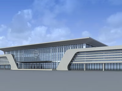Modern Large Scale Public Building With Glass Curtain Walls Symmetrical Design And Open Plaza 3d model