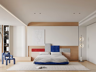 Modern Bedroom Interior Design With Colorful Headboard Blue Bedding And Floor Lamp 3d model