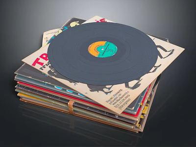Vintage Vinyl Record Resting On Stack Of Colorful Album Covers 3d model