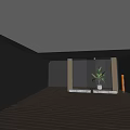 Glass Partition With Grid Design Wooden Frame Marble Base And Green Plant For Modern Interior