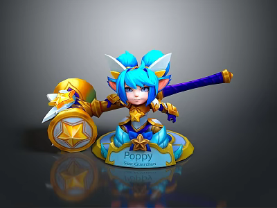 Poppy The Champion Chibi Game Character With Blue Hair White Ears Hammer And Shield 3d model