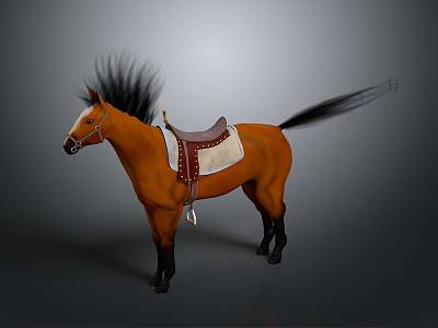 Brown Horse With Black Mane And Tail Featuring Saddle Against Gray Background 3d model