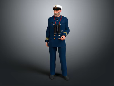 Man in Blue Naval Uniform with White Captain Cap Holding Binoculars and Red Sash 3d model