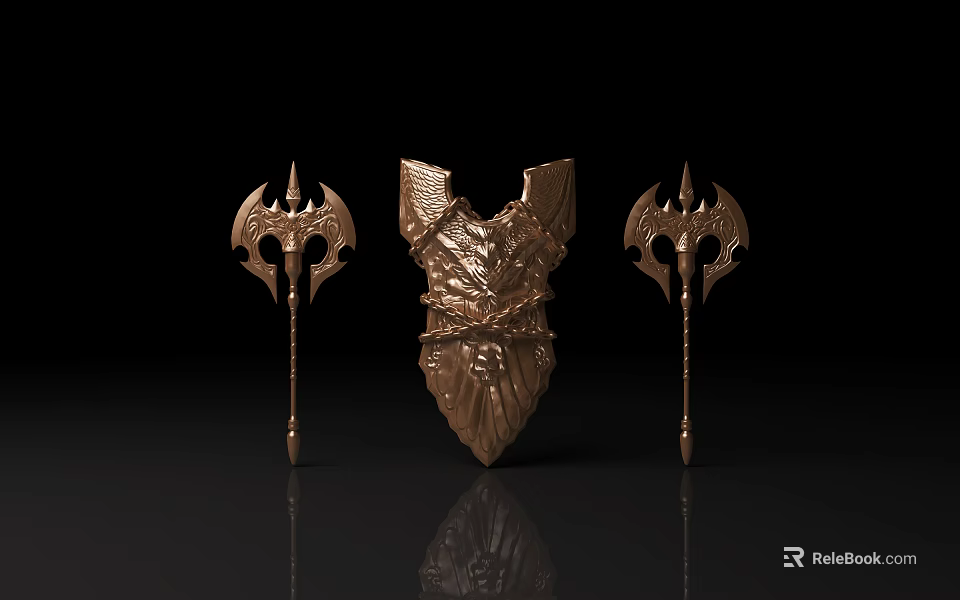 Metallic Fantasy Themed Weapons With Detailed Engravings And Central Decorative Armor 3d model 