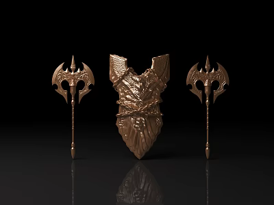 Metallic Fantasy Themed Weapons With Detailed Engravings And Central Decorative Armor 3d model