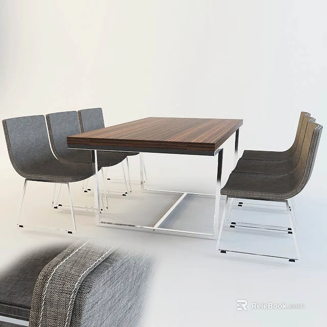 Modern Table and Chair Set With Wooden Top And Gray Fabric Seats For Dining Space 3d model 