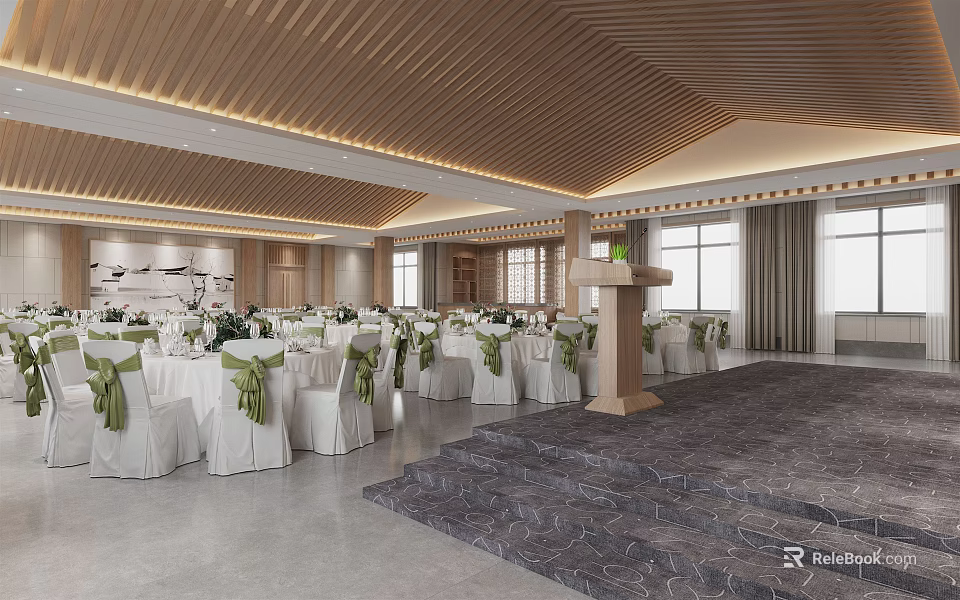 Banquet Hall Interior With Decorated Tables White Tablecloths Green Chair Bows Podium And Wooden Ceiling 3d model 