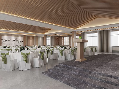 Banquet Hall Interior With Decorated Tables White Tablecloths Green Chair Bows Podium And Wooden Ceiling 3d model