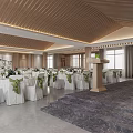 Banquet Hall Interior With Decorated Tables White Tablecloths Green Chair Bows Podium And Wooden Ceiling