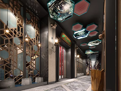 Hotel Corridor Interior Design With Geometric Pendant Lights Metal Grilles And Patterned Floor Tiles 3d model