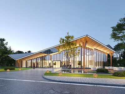 Modern Tourist Center Architectural Design With Glass Facade Wooden Roof And Greenery 3d model