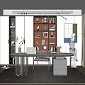 Modern Home Office Interior Design With Open Bookshelf Green Plants And Wooden Desk