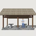 Traditional Landscape Pavilion Featuring Wooden Structure Thatched Roof Stone Floor Tables And Benches