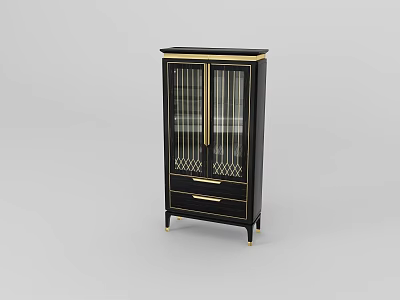Elegant Black Wine Cabinet With Gold Accents Glass Doors And Drawer 3d model