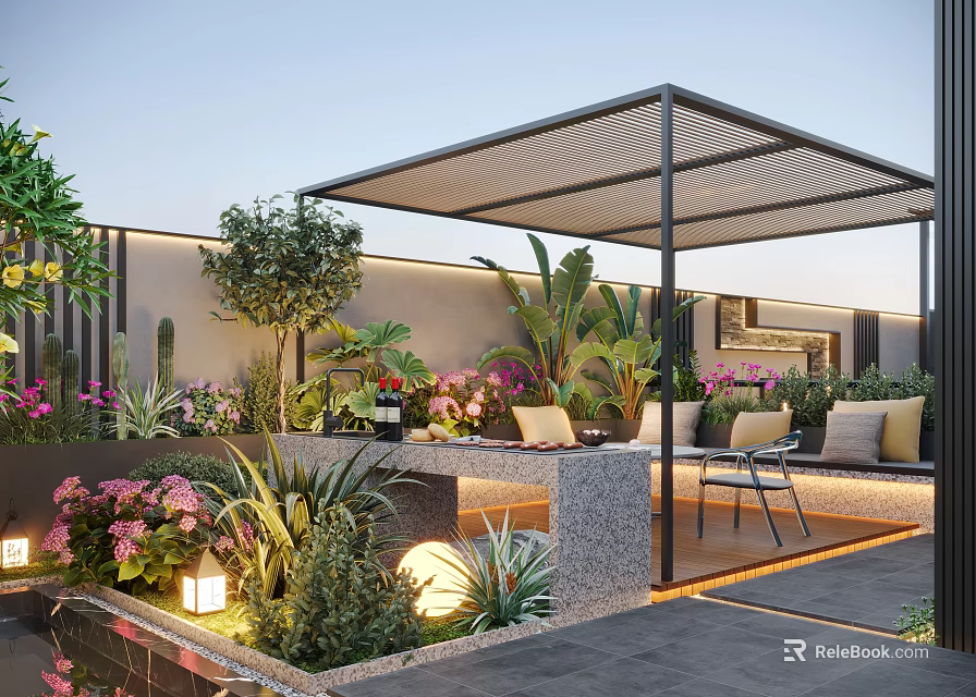 Stunning Courtyard Garden With Lush Greenery Outdoor Seating Pergola And Decorative Lighting 3d model 
