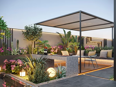 Stunning Courtyard Garden With Lush Greenery Outdoor Seating Pergola And Decorative Lighting 3d model