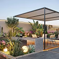 Stunning Courtyard Garden With Lush Greenery Outdoor Seating Pergola And Decorative Lighting