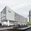 Modern Sales Office Building With Glass Facade And Surrounding Purple Flower Trees
