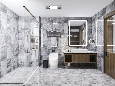 Modern Bathroom With Marble Walls Floor Glass Shower And Wooden Vanity Mirror 3d model