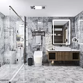 Modern Bathroom With Marble Walls Floor Glass Shower And Wooden Vanity Mirror