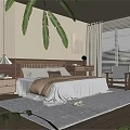 Modern Bedroom Interior With Wooden Headboard Bedside Lamp Palm Plant Area Rug And Window Blinds