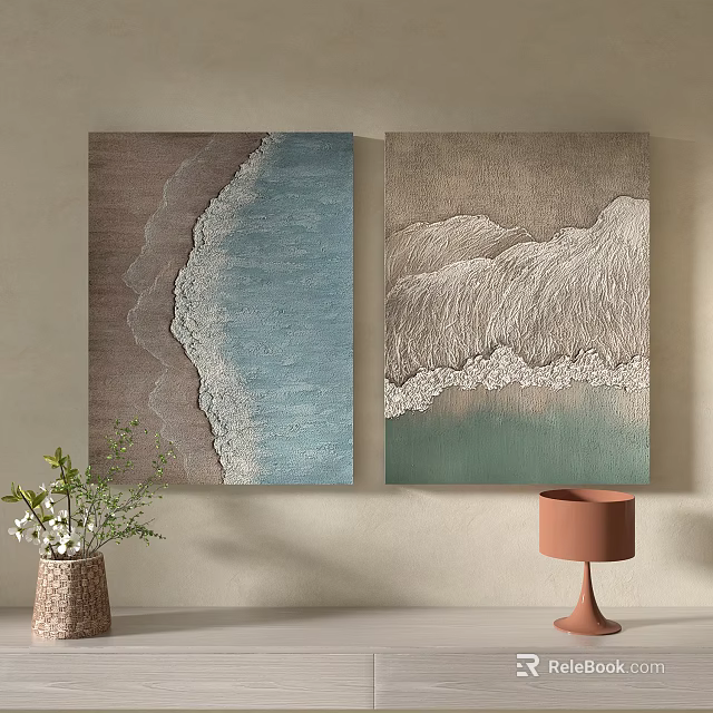 Two Decorative Wall Paintings With Ocean Waves And Sand Texture Design 3d model