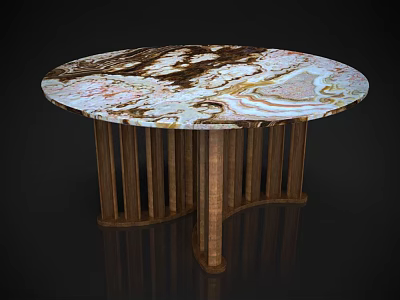 Round Dining Table With Patterned Marble Top And Wooden Slat Legs Design 3d model