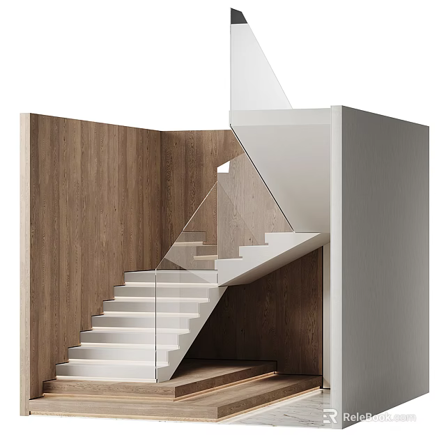 Modern Staircase Design With Glass Railing And White Steps Against Wooden Walls 3d model 