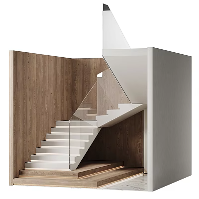 Modern Staircase Design With Glass Railing And White Steps Against Wooden Walls 3d model