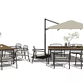 Modern Outdoor Table and Chair Set with Metal Frame Wooden Tabletop Umbrella and Green Plants