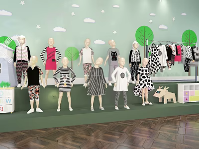 Children's Clothing Models in Display Area with Green Wall Cloud Star Decorations and Hanging Clothes 3d model