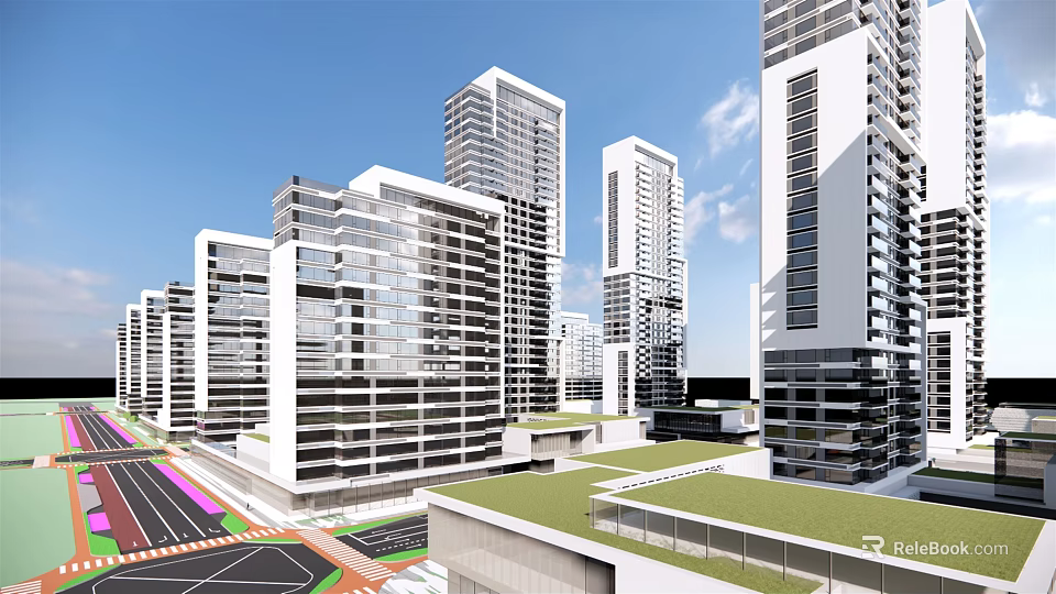 Modern High Rise Office Buildings With Glass Facades And Green Roofs In Urban Area 3d model 