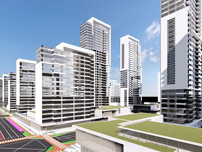Modern High Rise Office Buildings With Glass Facades And Green Roofs In Urban Area 3d model