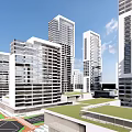 Modern High Rise Office Buildings With Glass Facades And Green Roofs In Urban Area