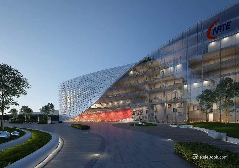 Modern Architectural Glass Office Building With Curved Exterior And Landscaped Surroundings 3d model 