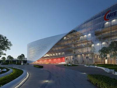 Modern Architectural Glass Office Building With Curved Exterior And Landscaped Surroundings 3d model