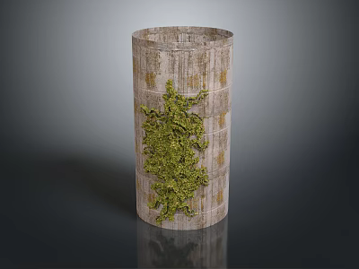 Decorative Cylindrical Column With Wood Grain Texture And Green Plant Design 3d model