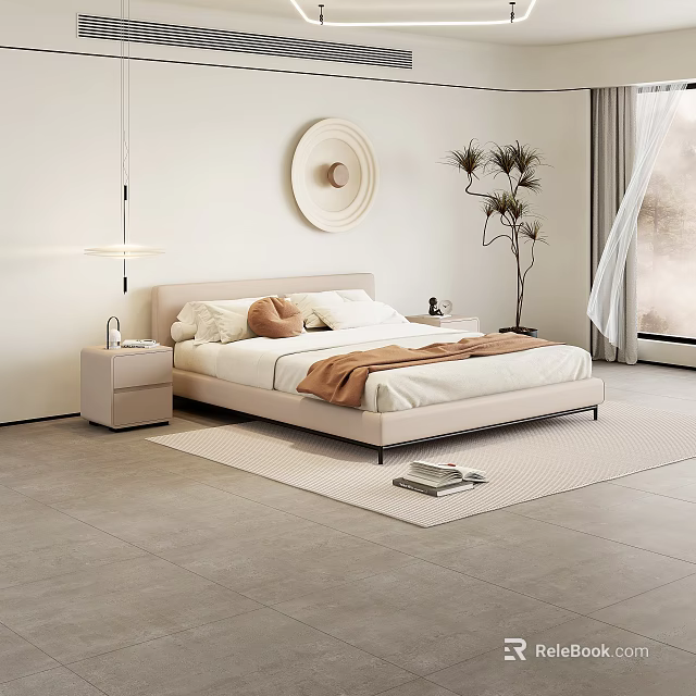 Modern Double Bed With Light Colored Bedding Bedside Table Lamp Round Decor And Green Plant 3d model 